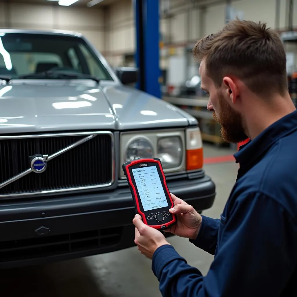 Mécanicien diagnostiquant une Volvo 740 avec un outil de diagnostic