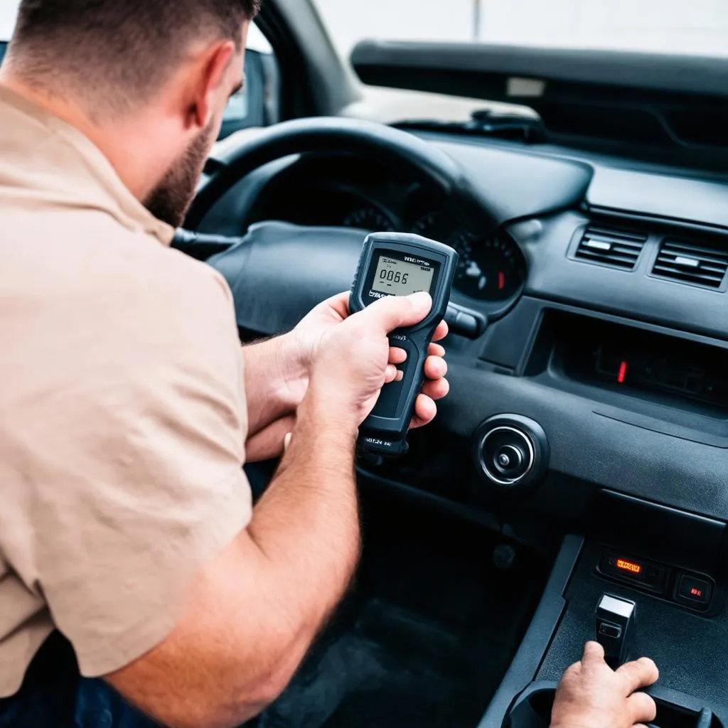 mécanicien automobile en train de diagnostiquer un voyant allumé sur le tableau de bord d'une voiture avec un outil de diagnostic