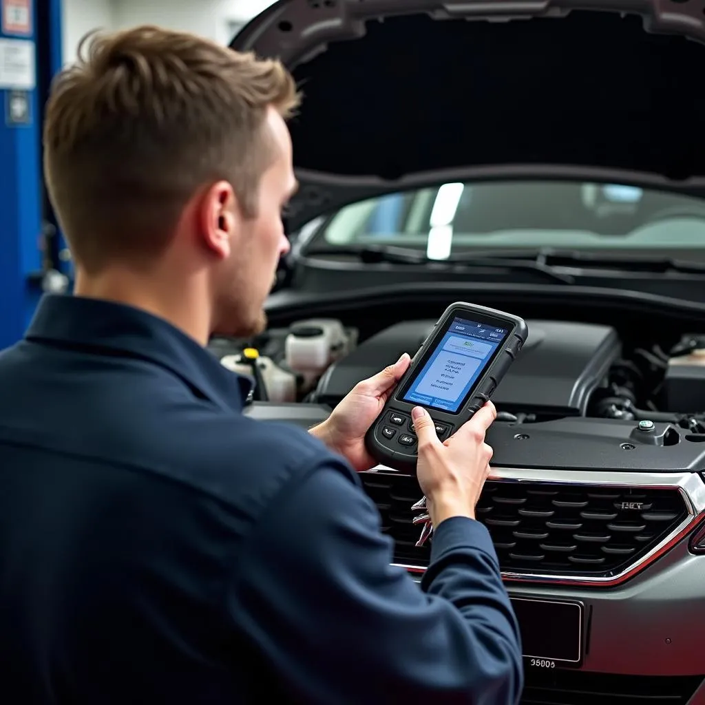 Mécanicien effectuant un diagnostic moteur sur une Peugeot 308