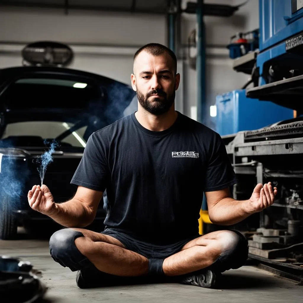 Un mécanicien médite dans son garage avec de l'encens.