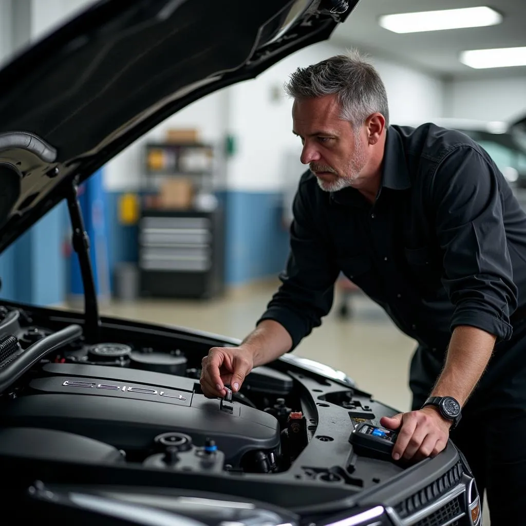 Mécanicien examinant le moteur d'une Cadillac CTS-V