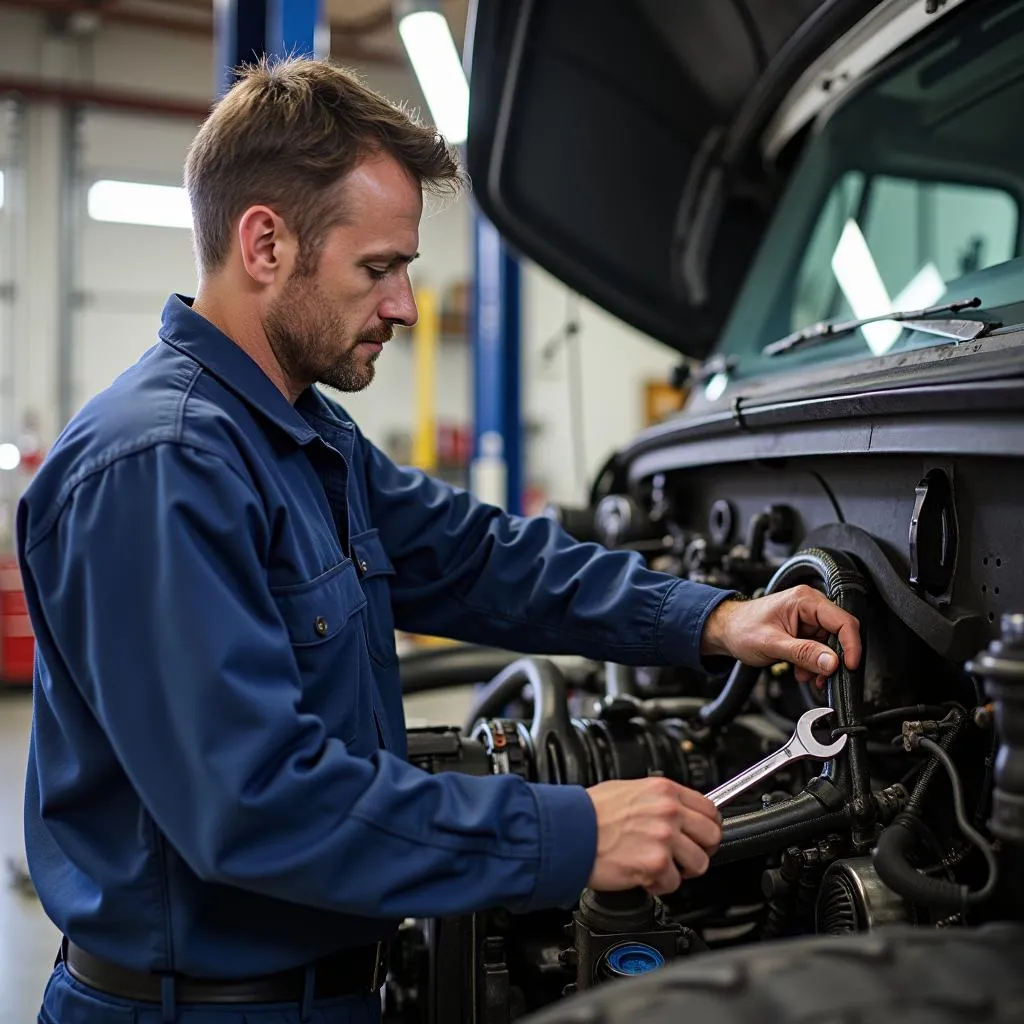 Mécanicien examinant le moteur d'un Freightliner Argosy 2014