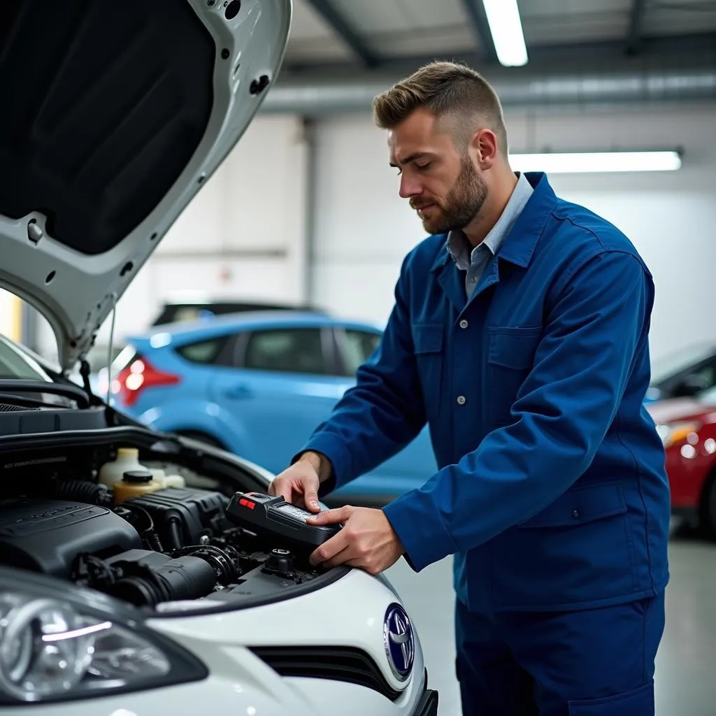 Mécanicien examinant le moteur d'une Prius dans un garage