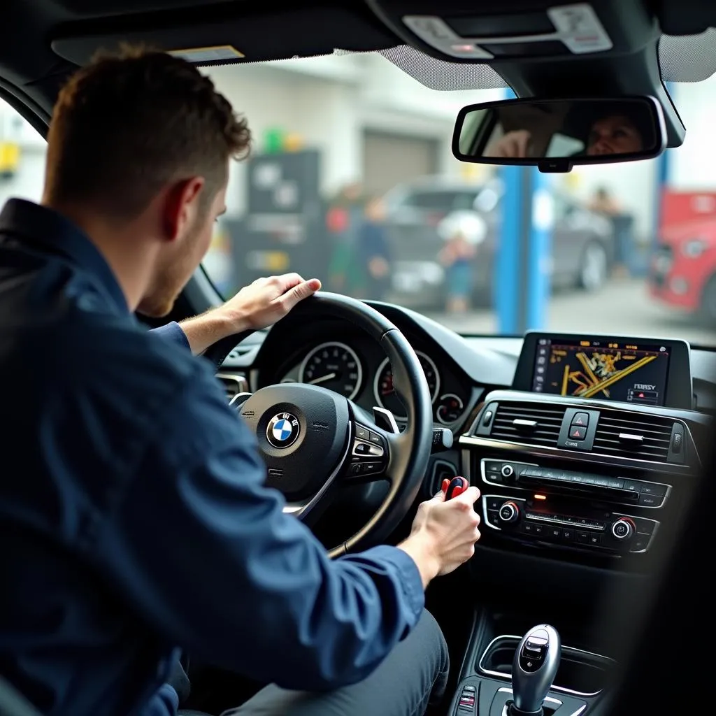 Mécanicien examinant le tableau de bord d'une BMW Série 3