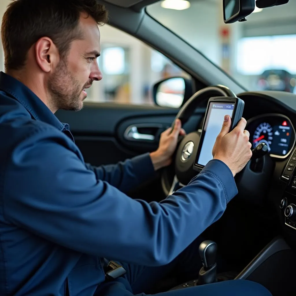 Mécanicien examinant le tableau de bord d'une voiture avec un scanner Autel