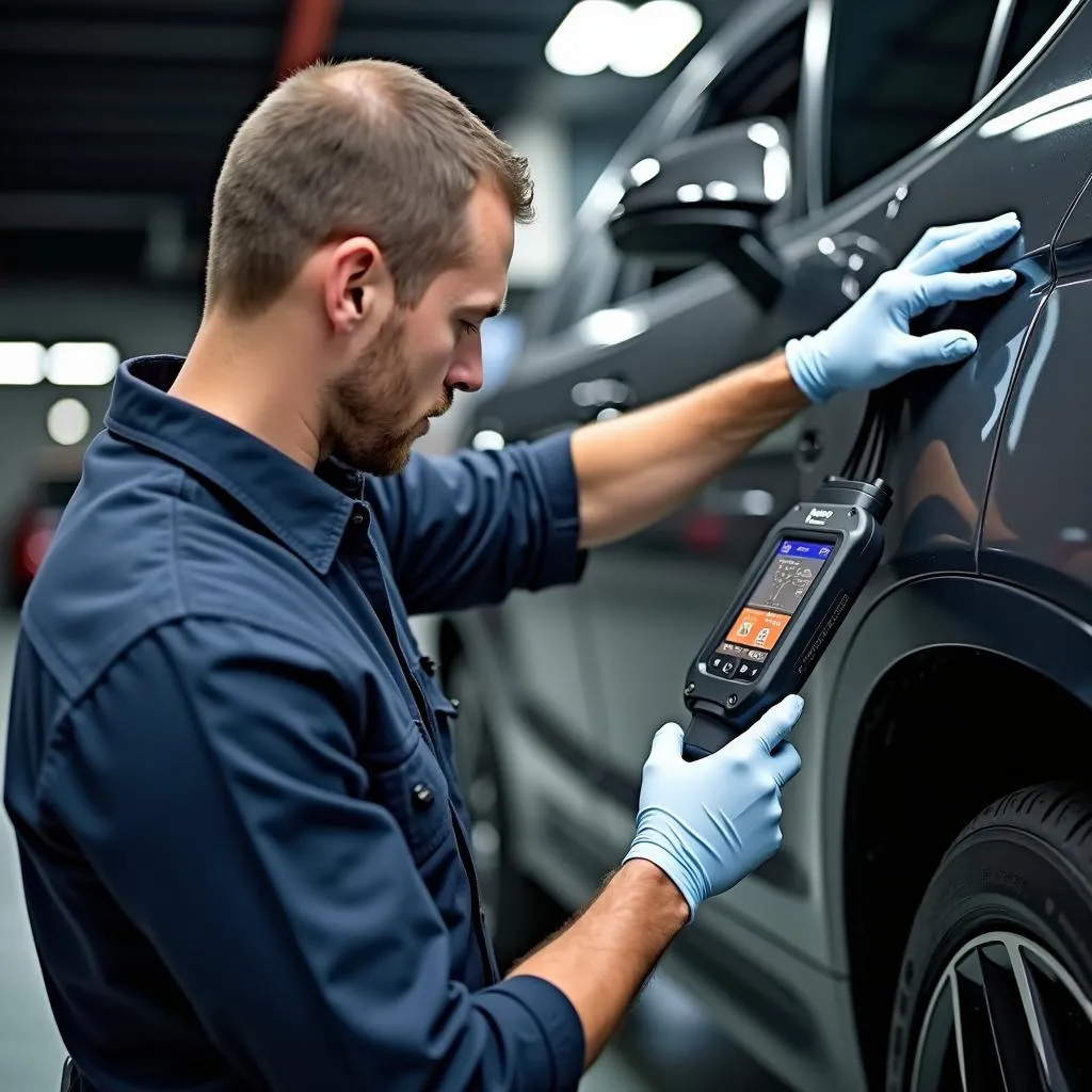 Mécanicien Examinant le Système Électrique d'une Voiture avec un Scanner Autel