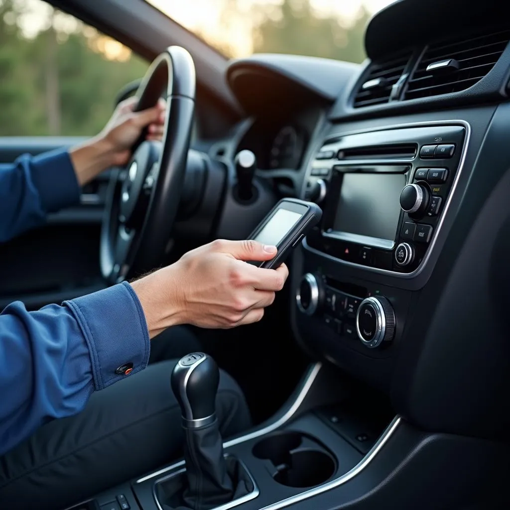 Mécanicien effectuant un diagnostic automobile avec un outil spécialisé