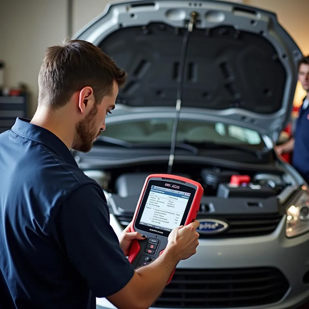 Un mécanicien dans un garage utilise l'Autel MaxiDiag Elite pour diagnostiquer un problème de moteur