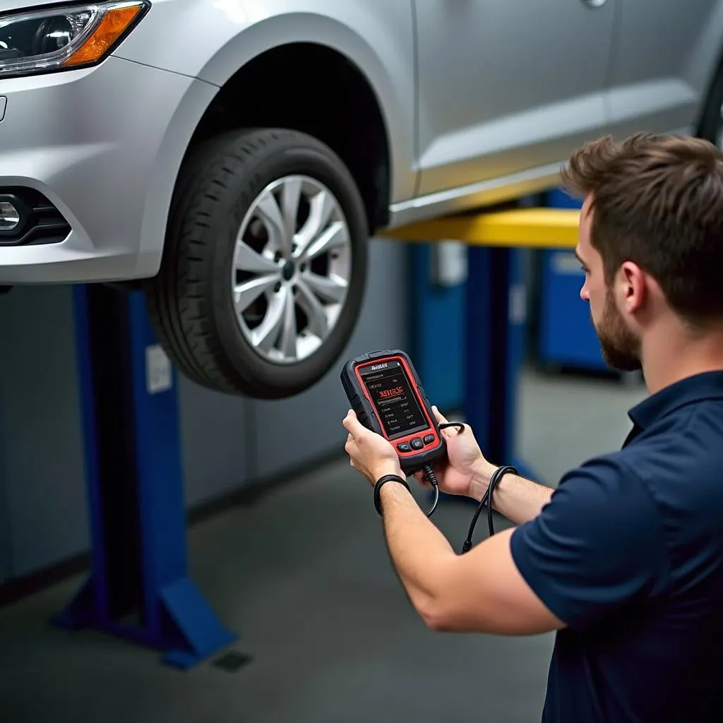 Mécanicien utilisant l'outil de diagnostic Autel MD909 Pro sur une voiture dans un garage