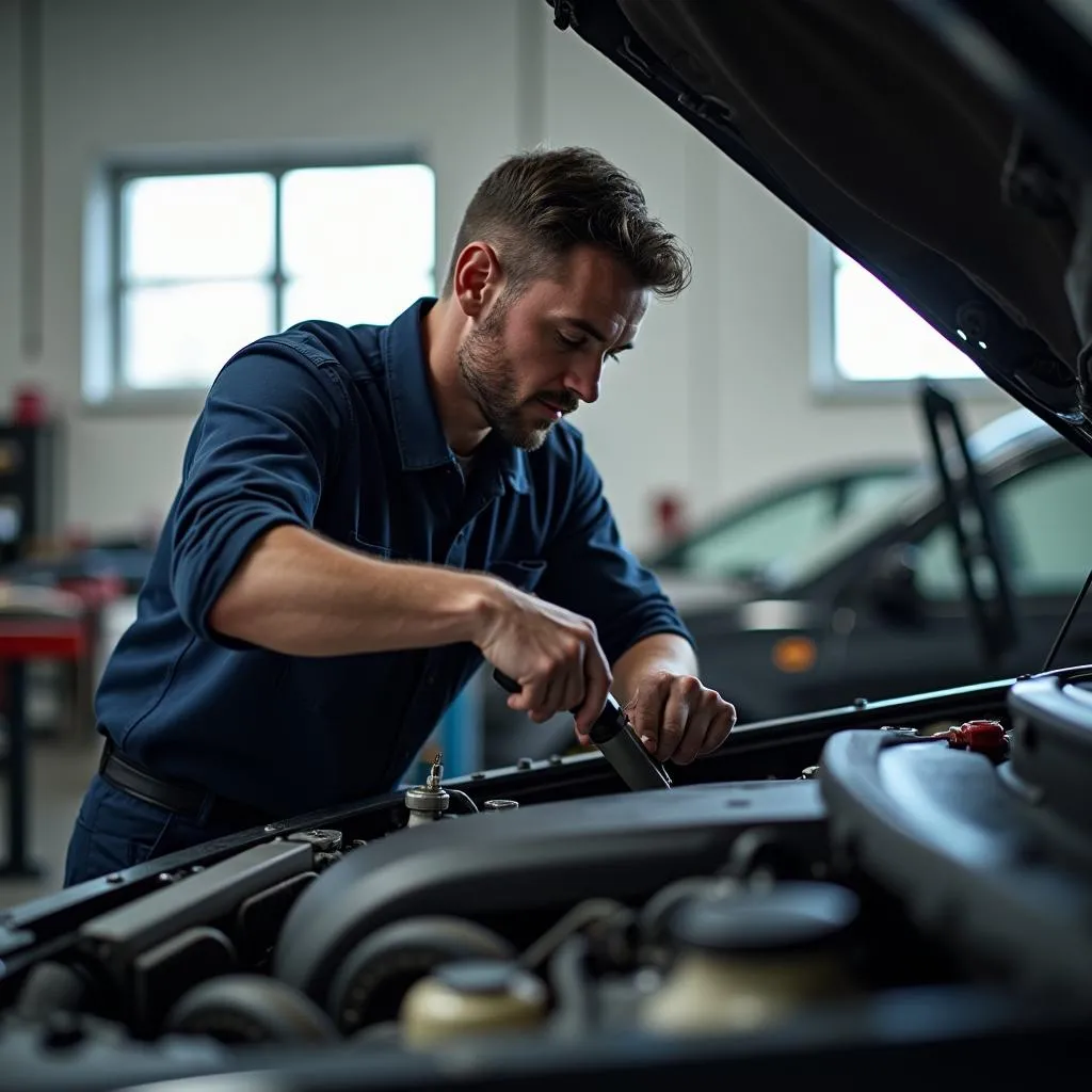 Mécanicien réparant un moteur dans un garage