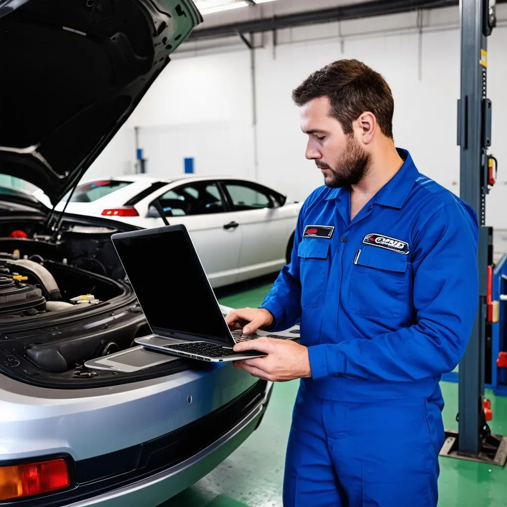 Mécanicien utilisant un ordinateur portable pour diagnostiquer une voiture dans un garage