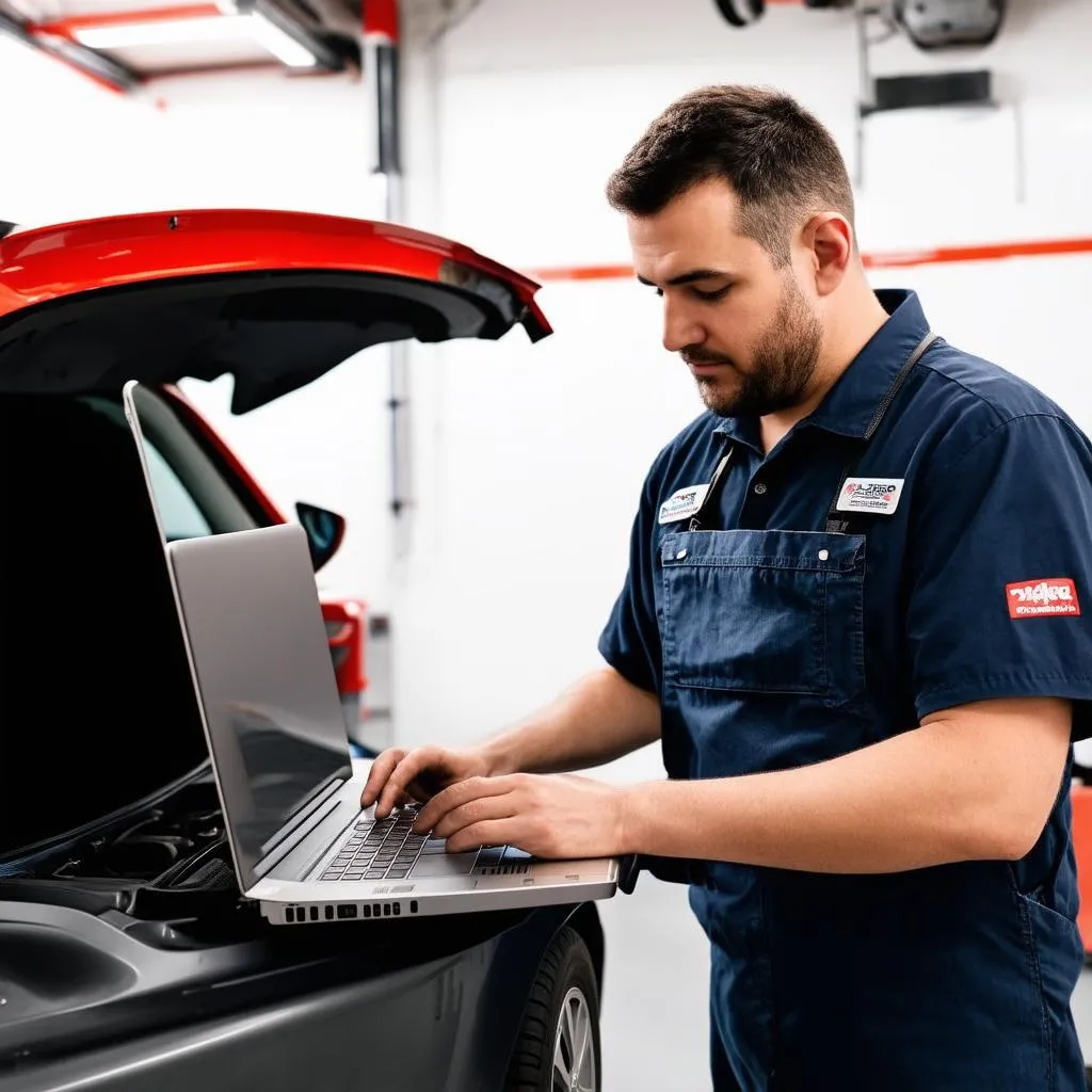 Mécanicien utilisant un ordinateur portable pour diagnostiquer une voiture dans un garage