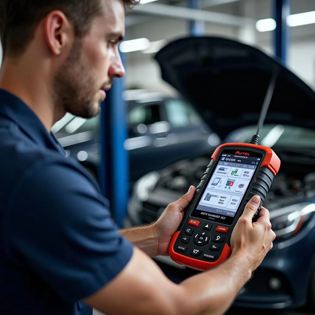 Mécanicien utilisant un outil Autel pour diagnostiquer une voiture dans un garage