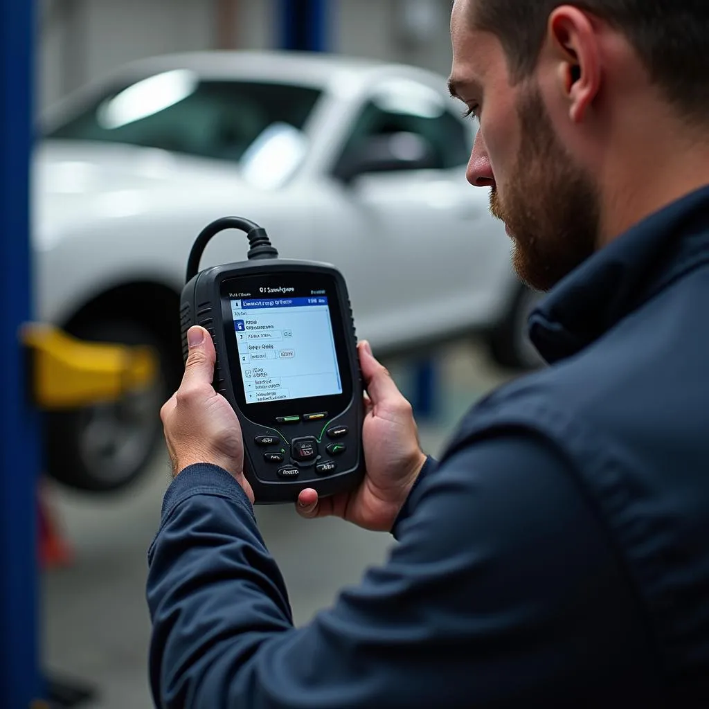 Mécanicien utilisant un outil de diagnostic sur une voiture dans un garage