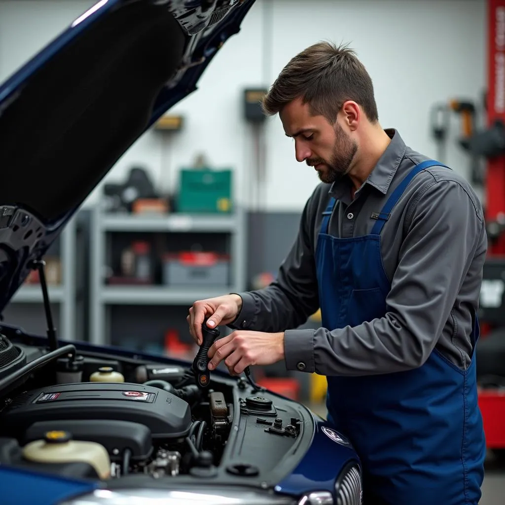 Mécanicien dans un garage réparant une voiture européenne