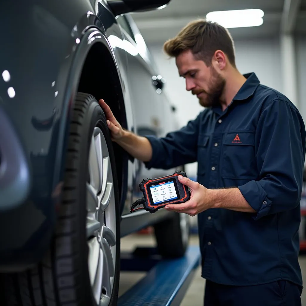 Mécanicien de garage utilisant une valise de diagnostic Autel