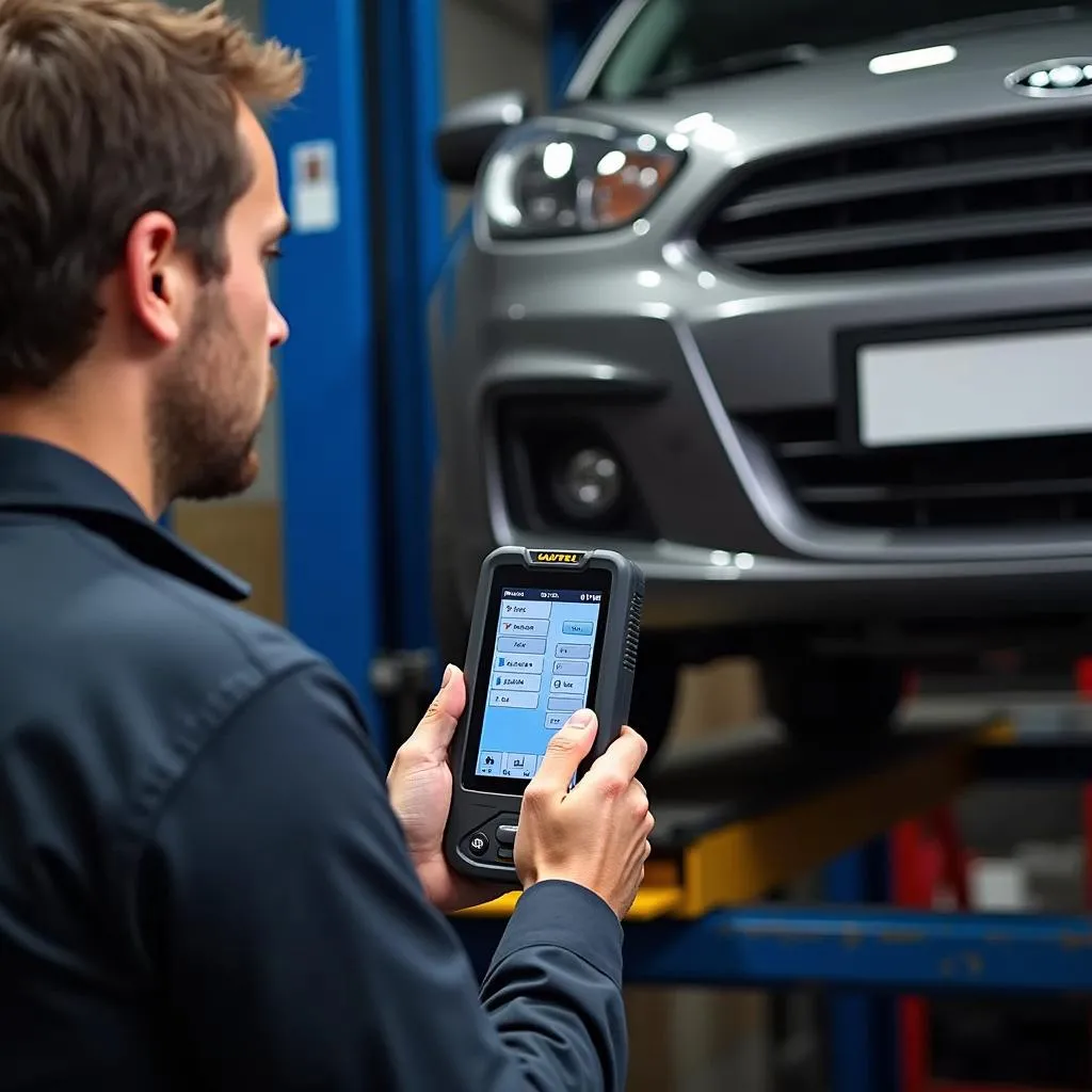 Mécanicien dans un garage utilisant l'outil de diagnostic Autel Maxipro MP808BT