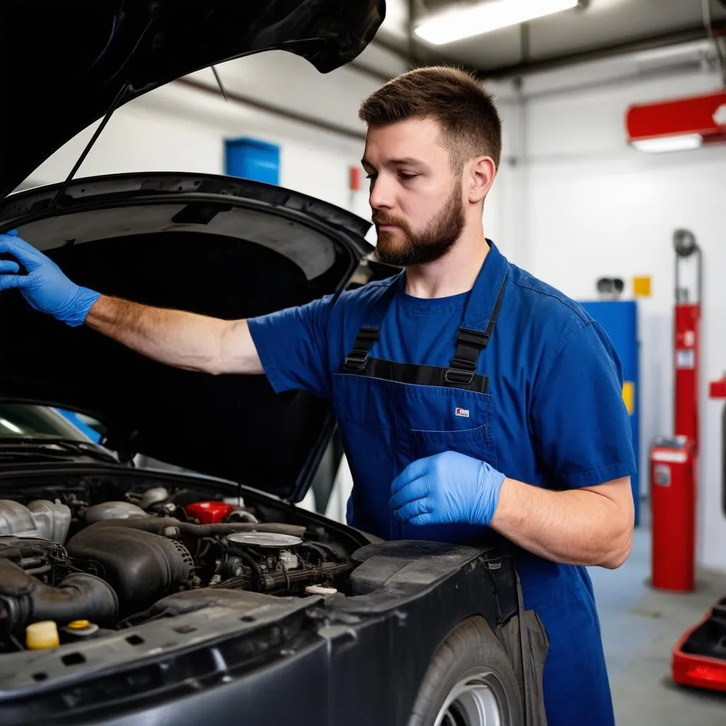 Mécanicien réparant une voiture dans un garage