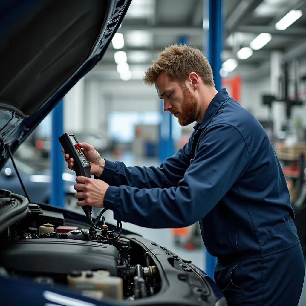 Mécanicien utilisant un scanner diagnostic dans un garage spécialisé dans les voitures européennes