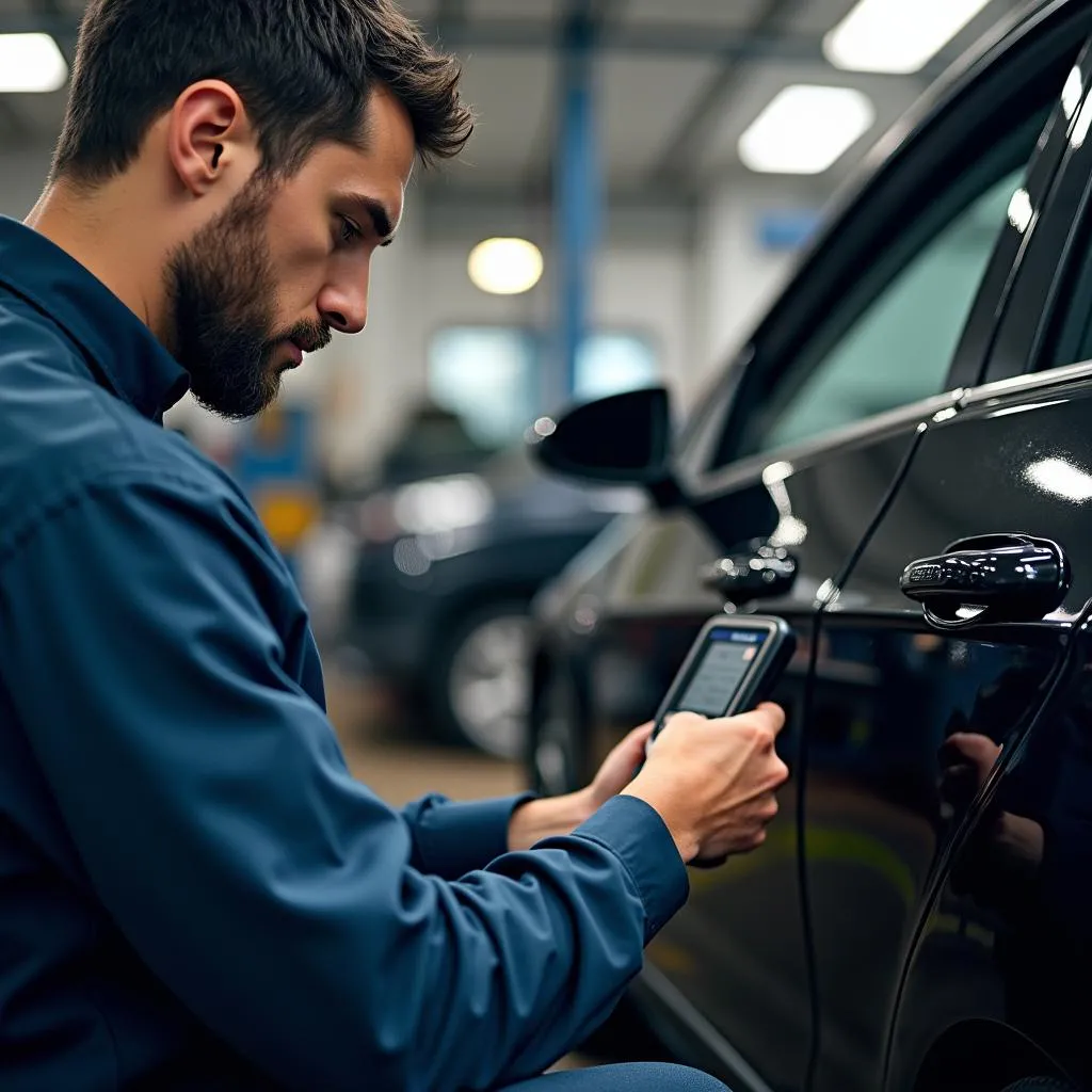 Mécanicien examinant une Golf GTI dans un garage