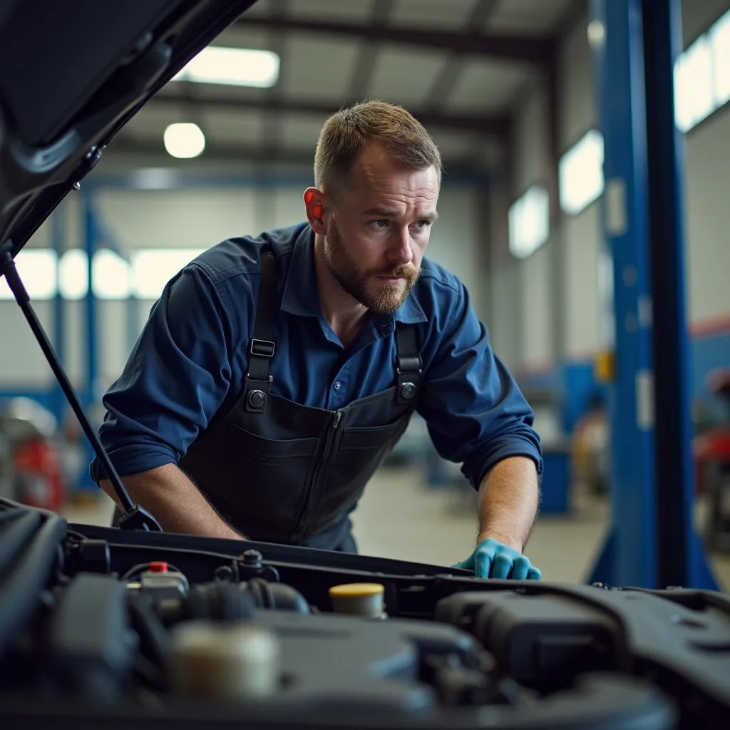 Mécanicien inspectant une voiture d'occasion