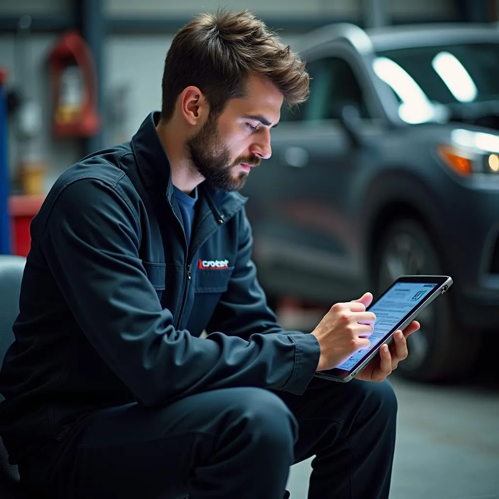 Mécanicien se formant en lisant un manuel technique sur une tablette.