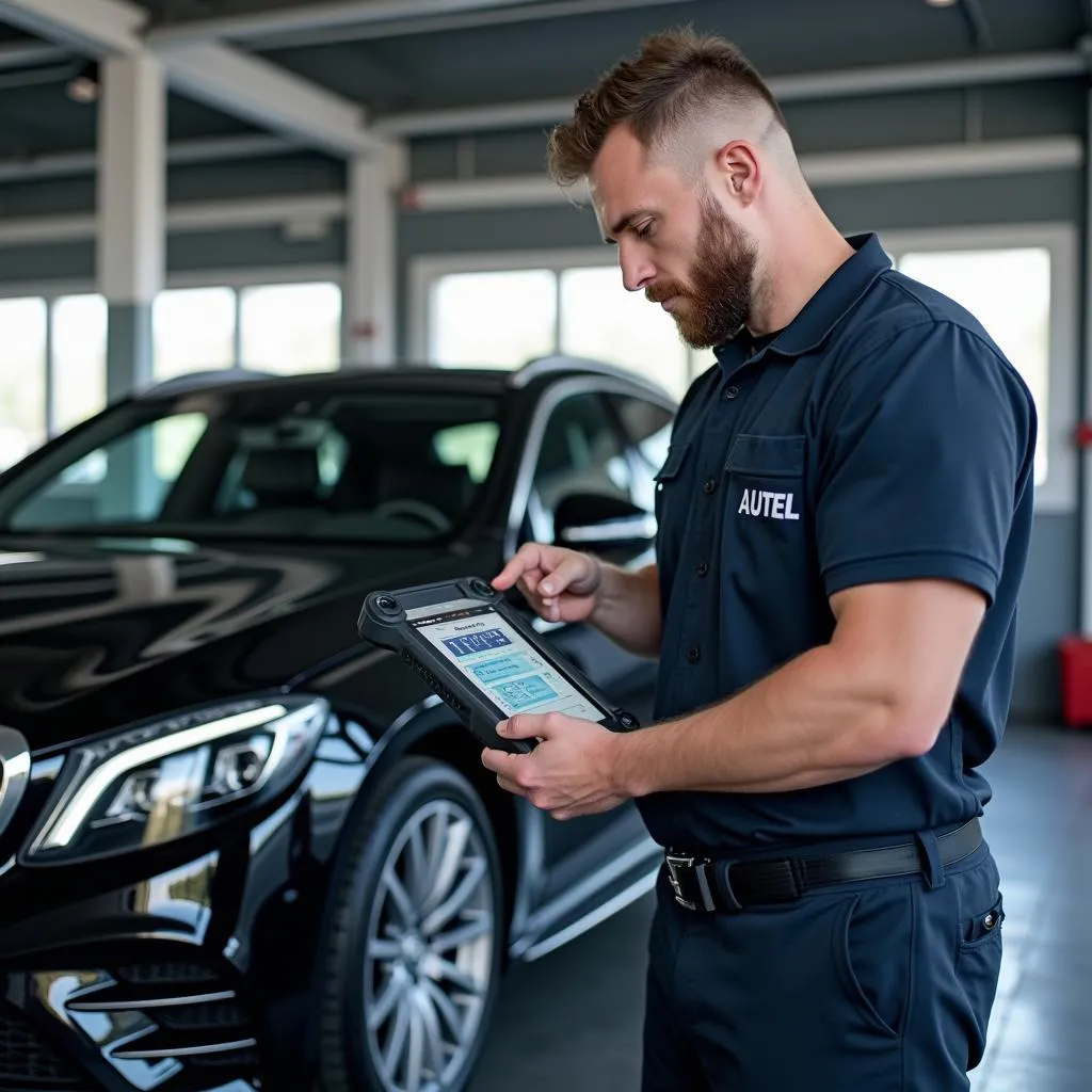 Mécanicien utilisant un outil Autel pour réparer une voiture haut de gamme