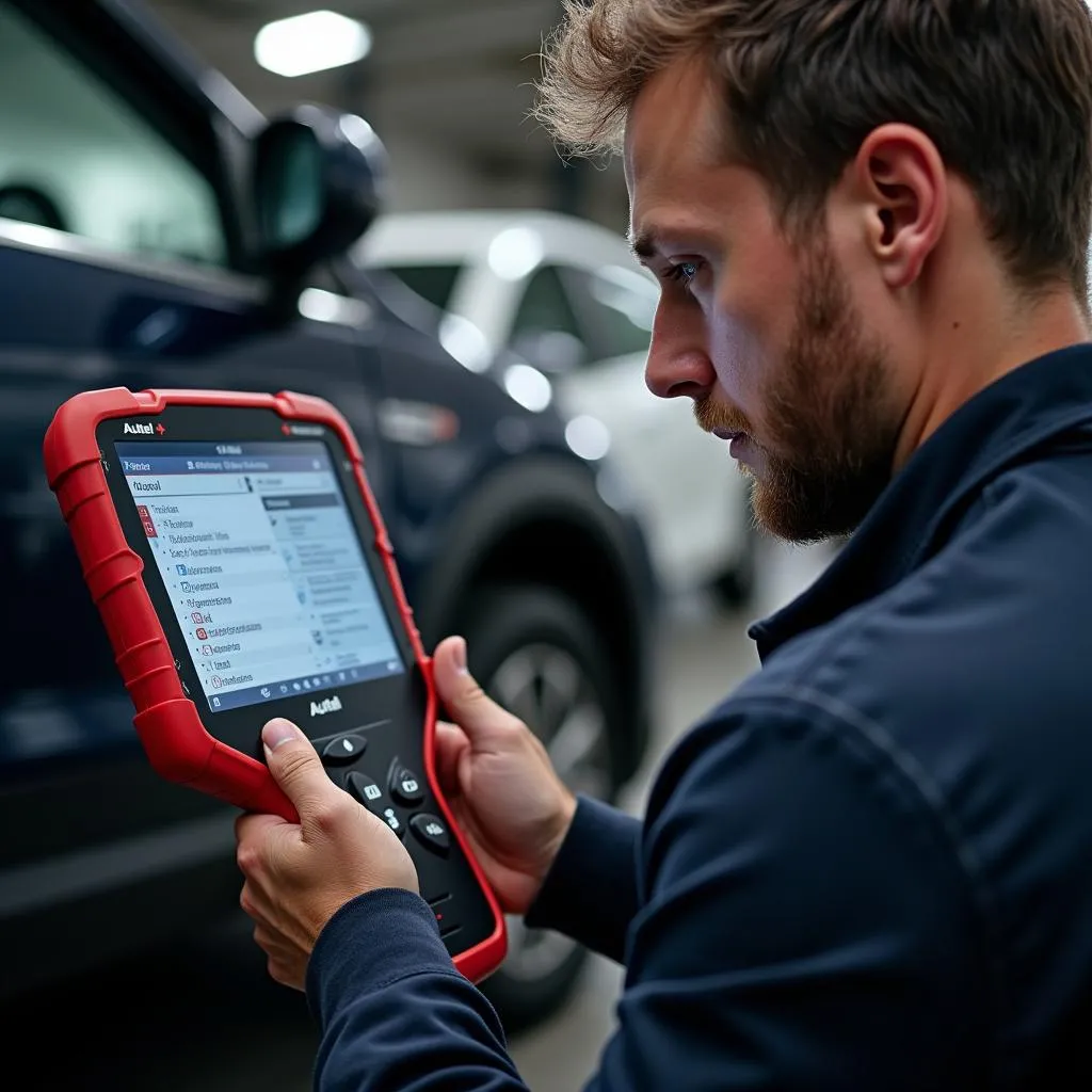 Mécanicien à Montluçon utilisant l'Autel Celtique+ pour diagnostiquer une voiture