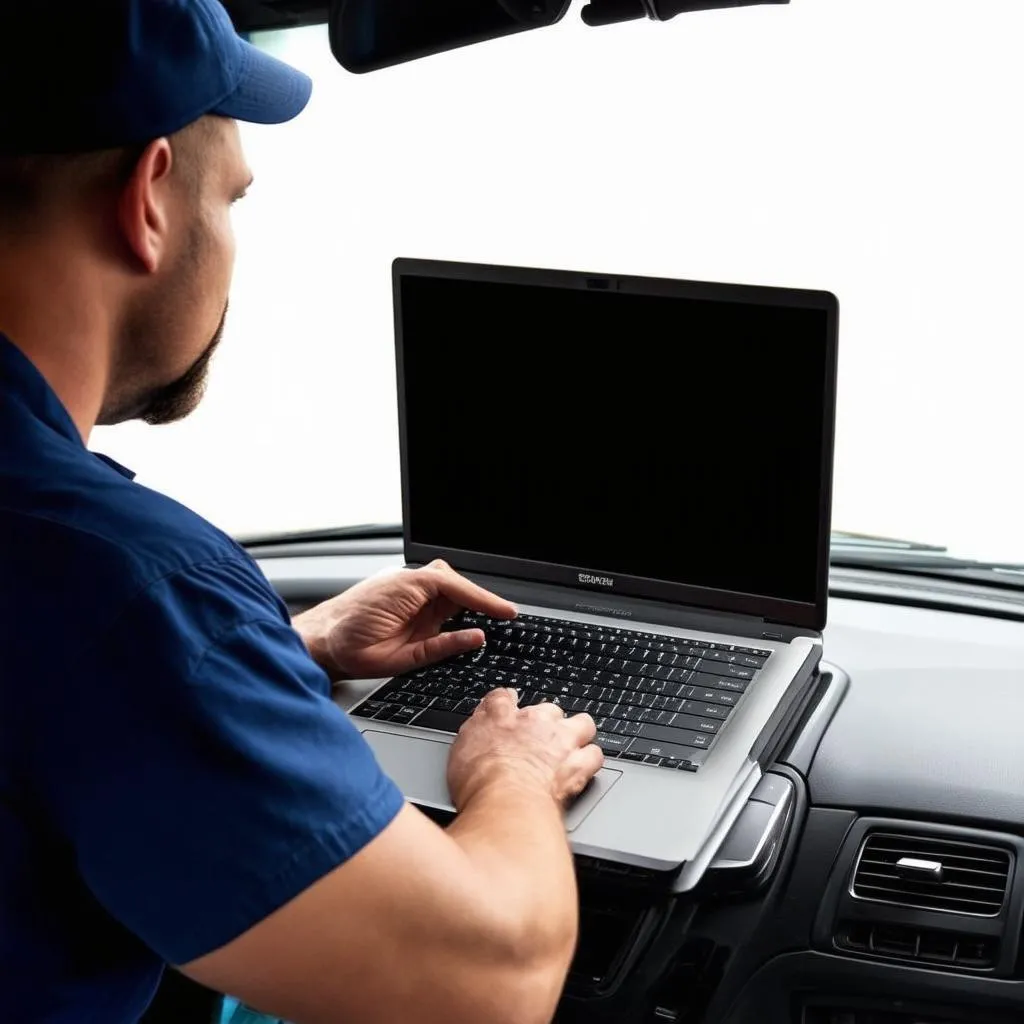 Mécanicien utilisant un ordinateur portable pour diagnostiquer une voiture