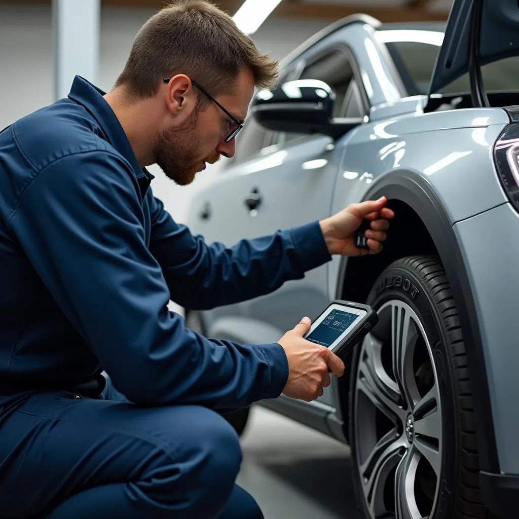 Un mécanicien utilise un outil Autel sur une Peugeot 308 à Lyon