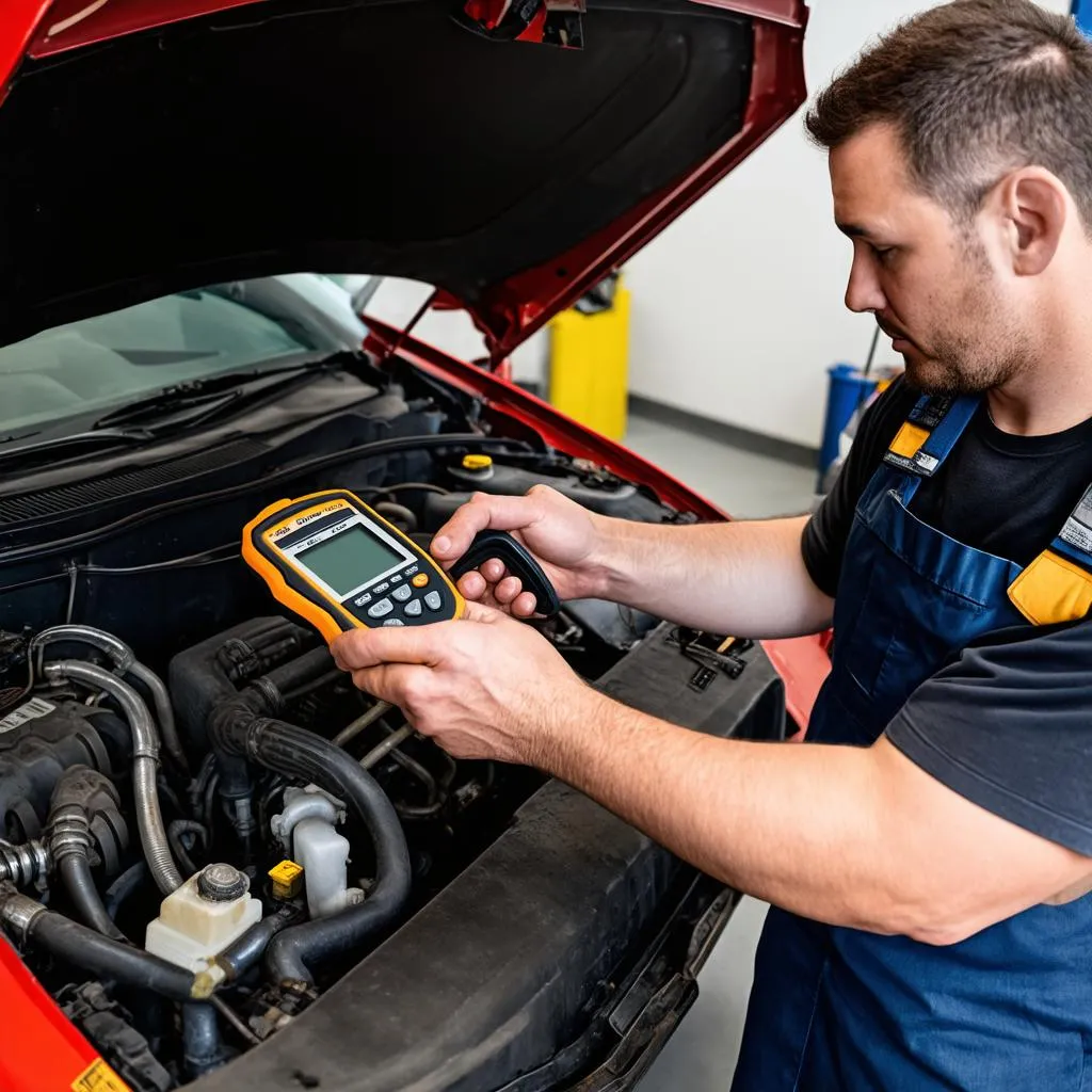 Mécanicien utilisant un outil de diagnostic sur une voiture