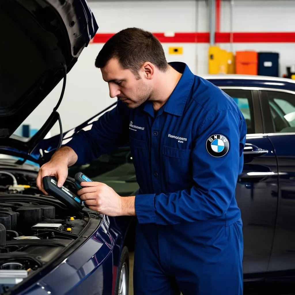 Mécanicien utilisant un outil de diagnostic sur une voiture