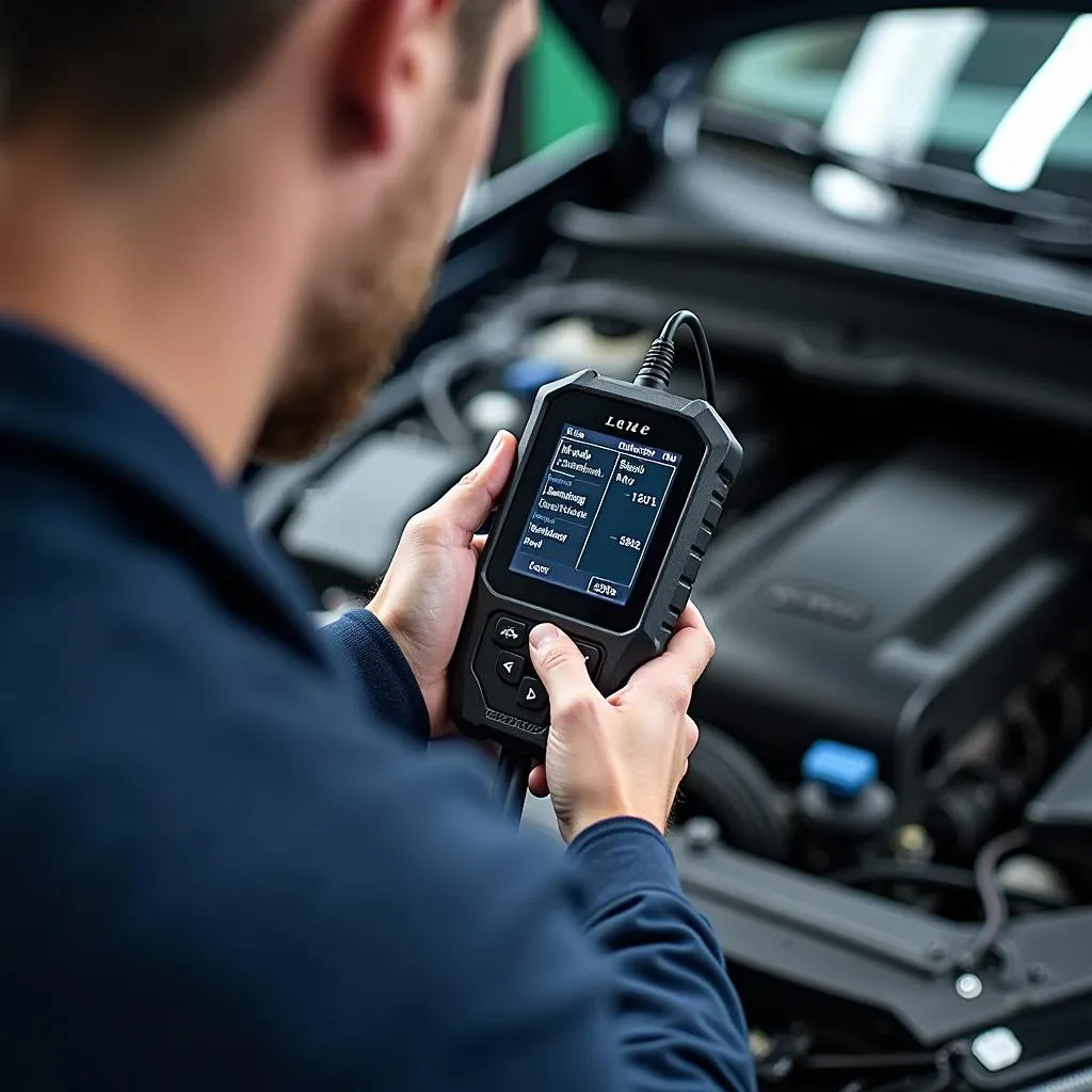 Mécanicien utilisant un outil de diagnostic sur une voiture