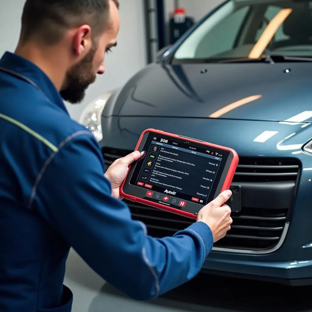 Mécanicien utilisant un analyseur Autel sur une Peugeot 308