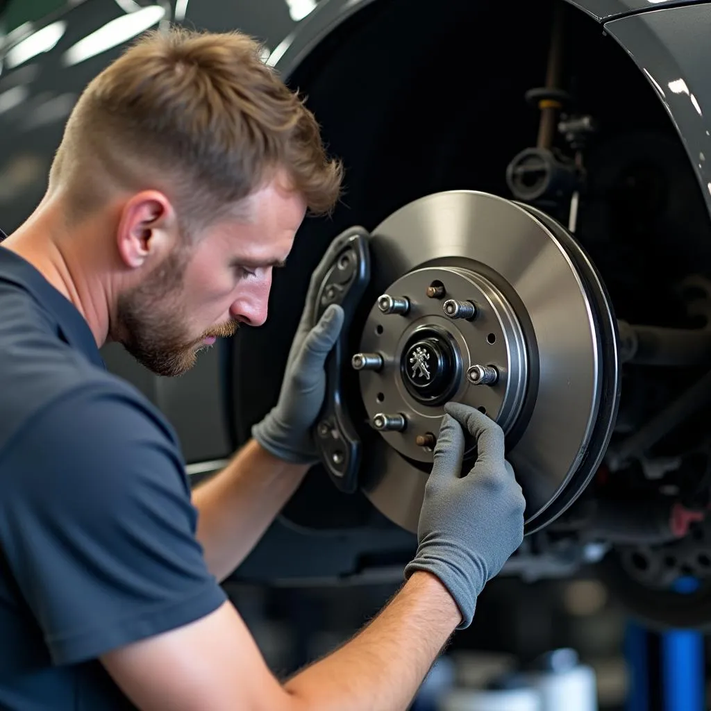 Mécanicien travaillant sur le système de freinage Girling d'une Peugeot 308