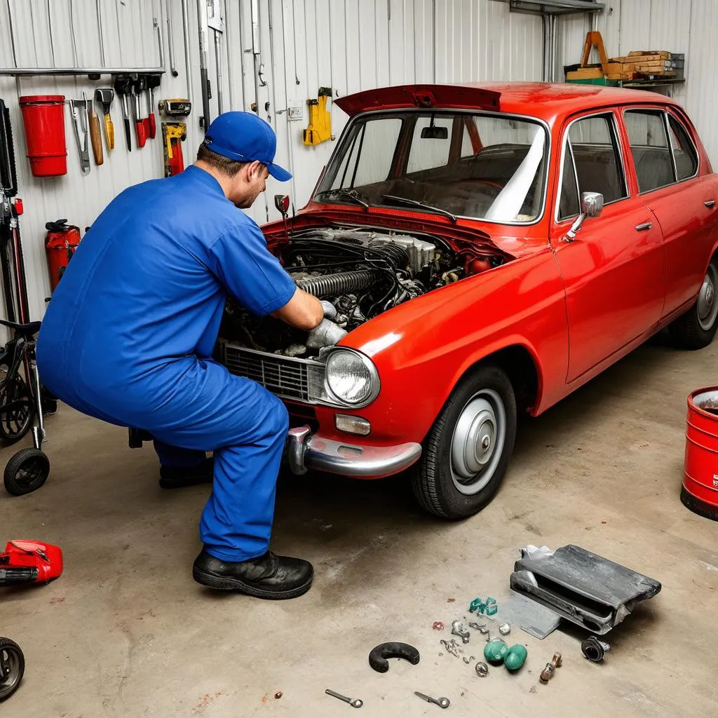 Mécanicien travaillant sur une Peugeot