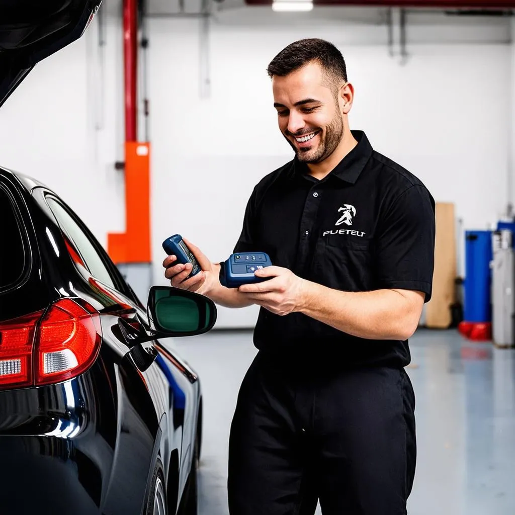 Mécanicien utilisant un scanner Autel sur une Peugeot