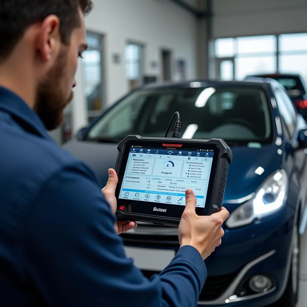 Mécanicien utilisant un outil de diagnostic Autel sur une Peugeot