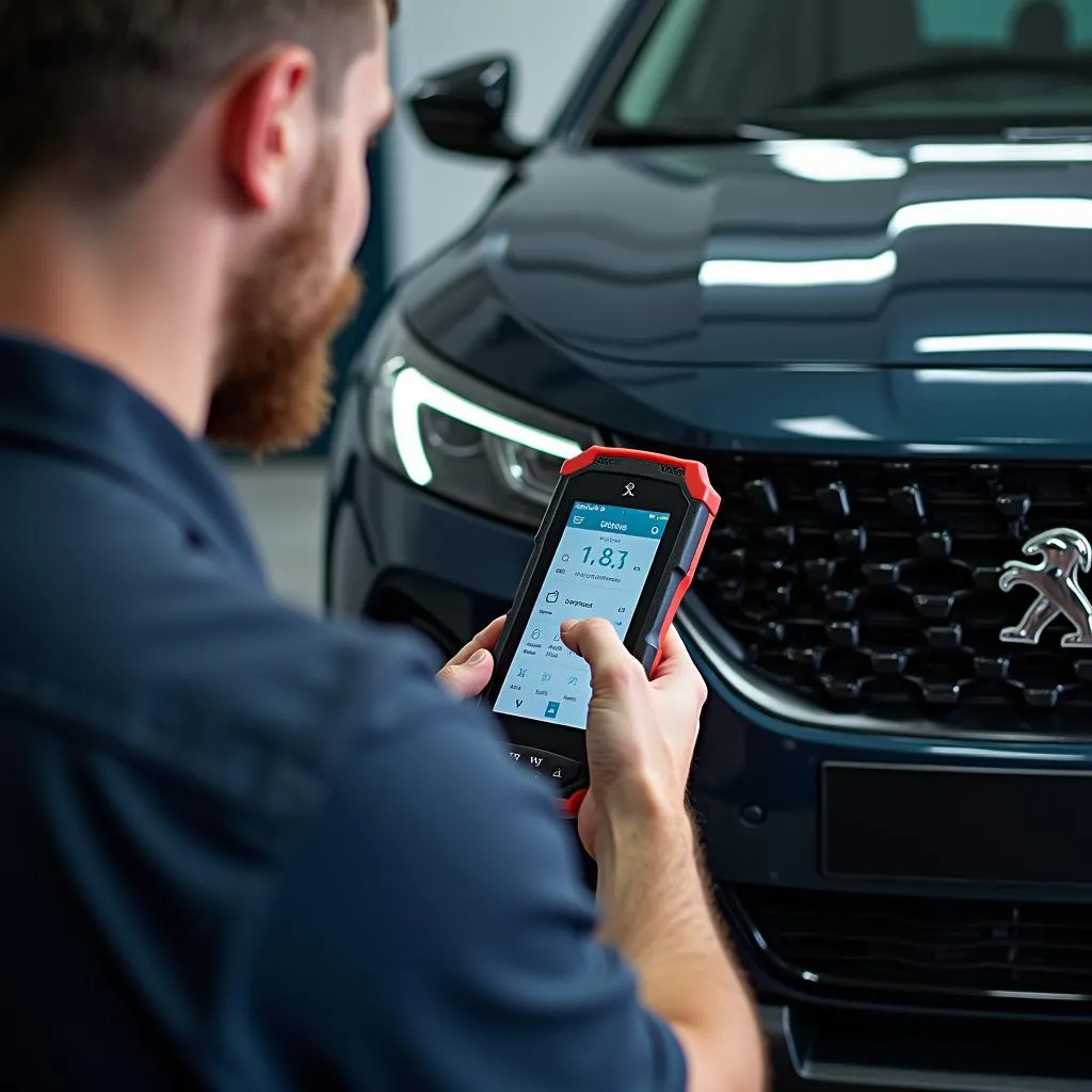 Mécanicien effectuant un diagnostic électronique sur une Peugeot