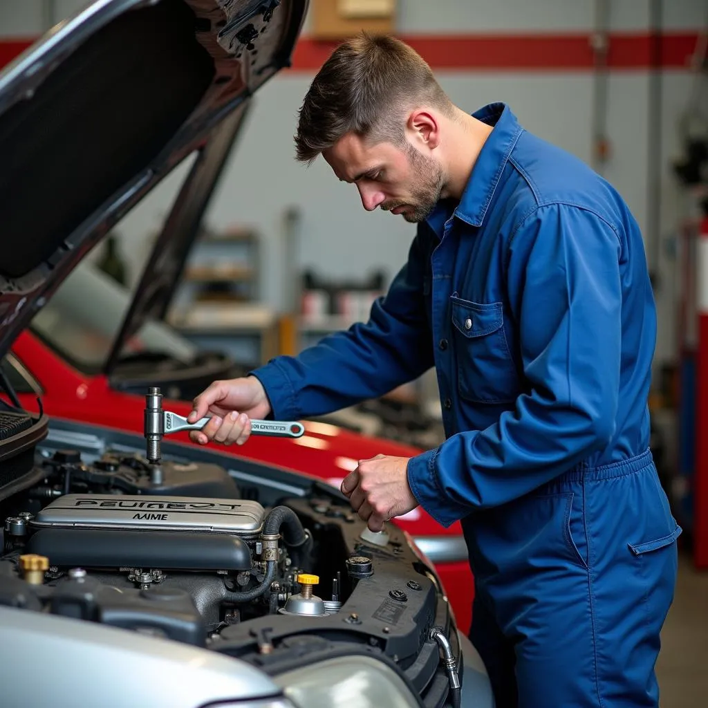 Mécanicien réparant le moteur d'une Peugeot 306 dans un garage