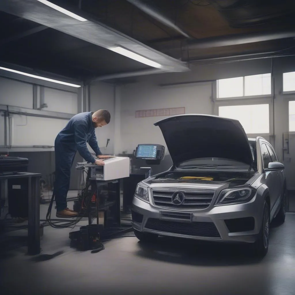 Un mécanicien utilisant un scanner de diagnostic sur une voiture moderne dans un garage high-tech.