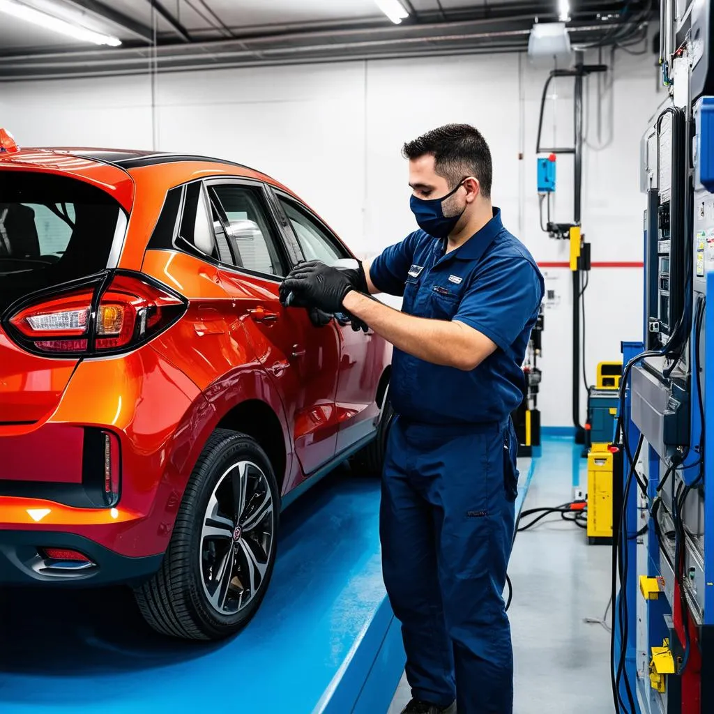 Un mécanicien travaille sur une voiture électrique dans un atelier moderne, entouré d'outils de diagnostic de pointe.