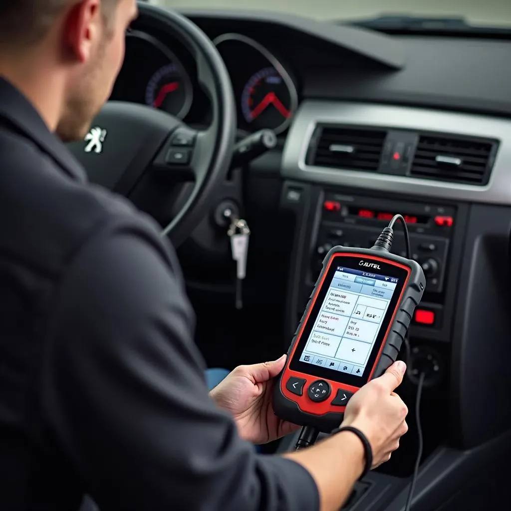 Mécanicien utilisant un Autel MaxiSys sur une Peugeot