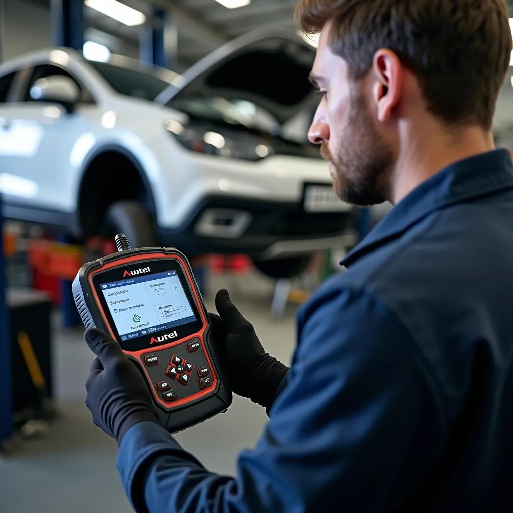 Mécanicien utilisant un Autel pour diagnostiquer une voiture