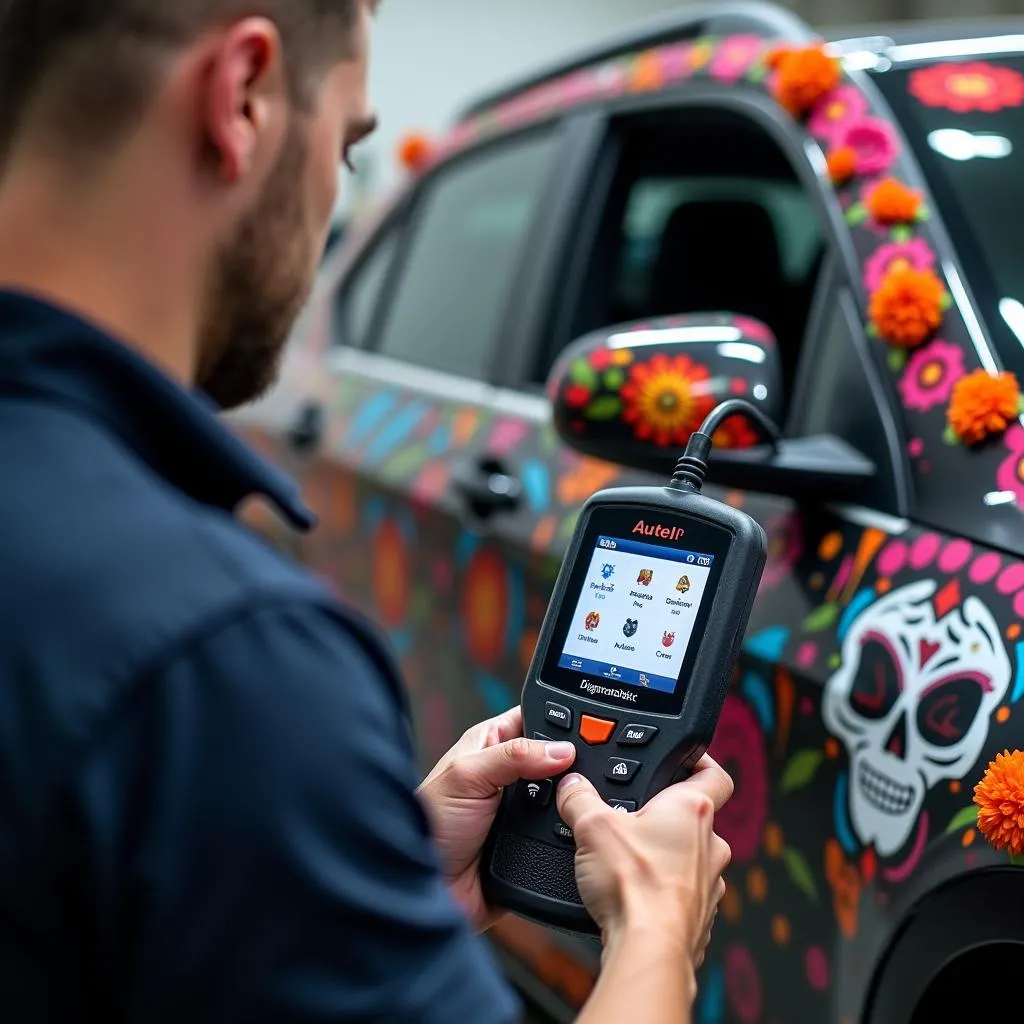 Mécanicien utilisant un outil de diagnostic Autel sur une voiture décorée pour le Jour des Morts