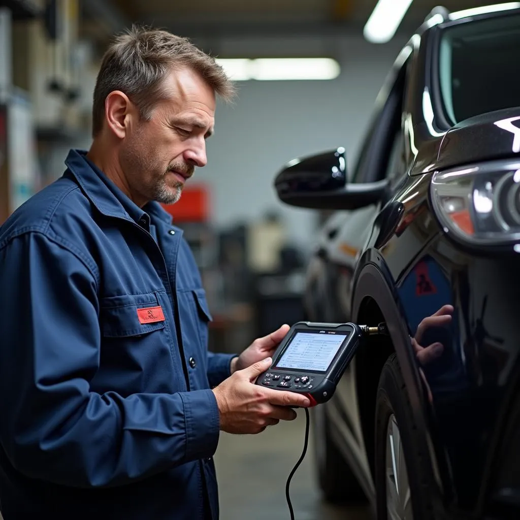 Mécanicien Utilisant un Outil de Diagnostic Autel dans un Garage