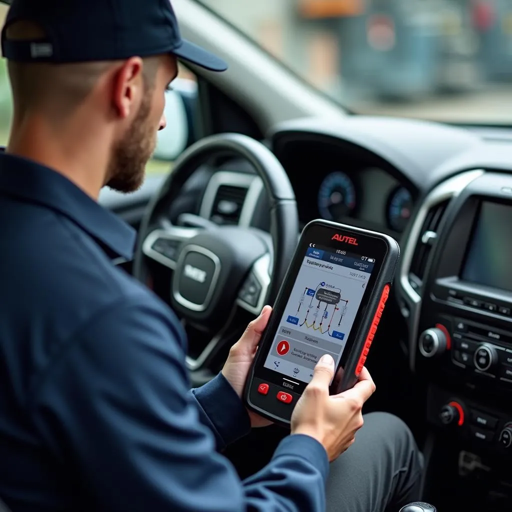 Mécanicien utilisant un outil de diagnostic Autel sur une voiture