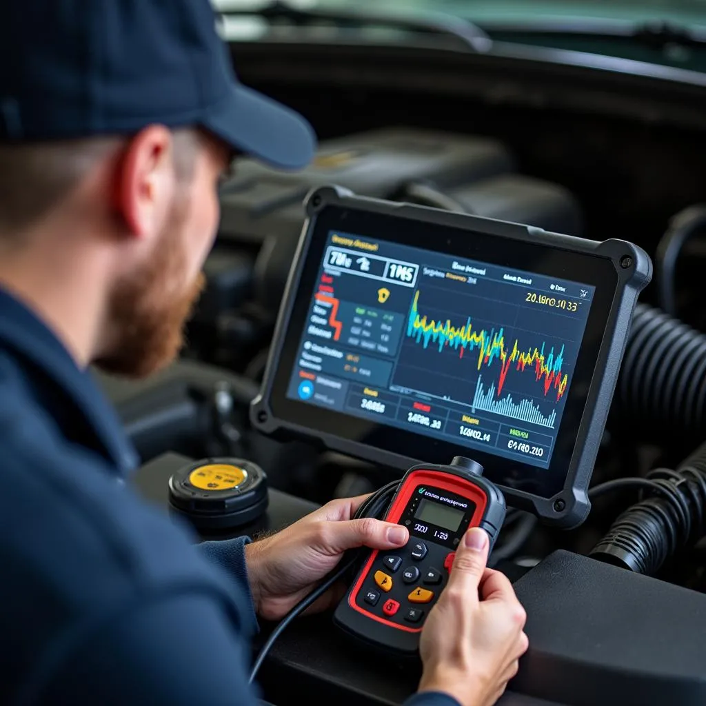 Un mécanicien utilisant un outil de diagnostic sur un moteur Duramax