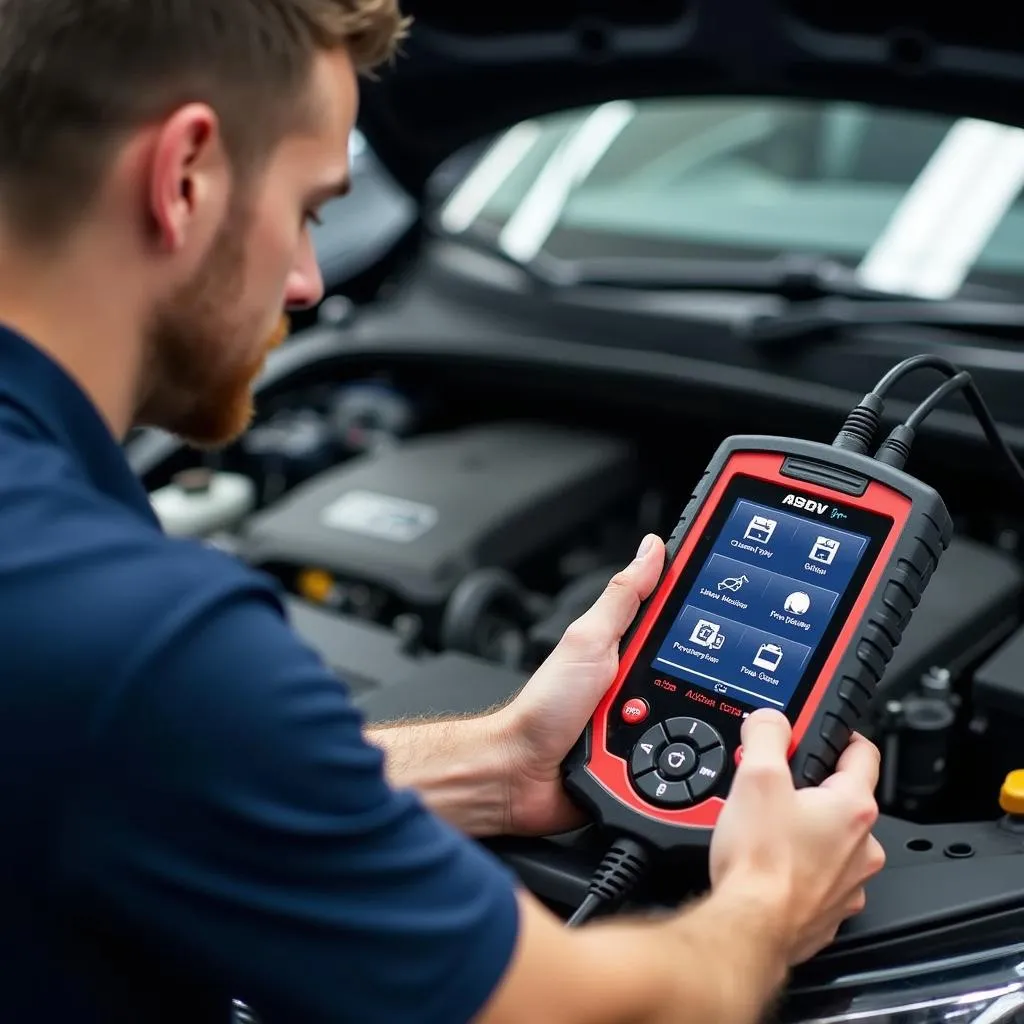 Mécanicien utilisant un scanner Autel pour diagnostiquer une voiture européenne