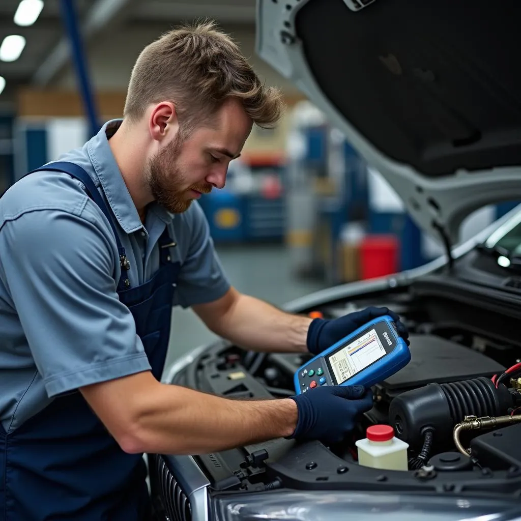 Mécanicien utilisant un scanner de diagnostic sur une voiture